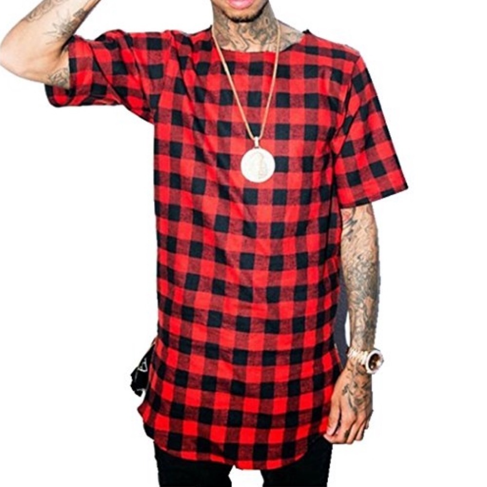 OLRIK Mens Hipster T Shirt Hip Hop Basic Longline Plaid Tee Size M